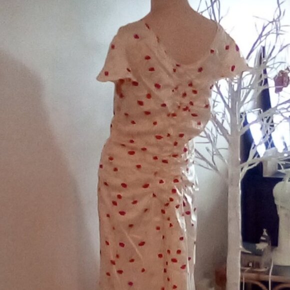 Silk Charmeuse Cherry Print Ruched Dress Size M - Picture 5 of 11